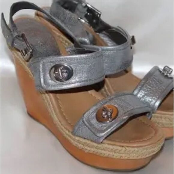 Coach Marian Metallic Silver Wood Platform Wedge Sandals w/Ankle Strap. Size 10. - Picture 1 of 7
